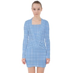 Blue Knitted Pattern V-neck Bodycon Long Sleeve Dress by goljakoff