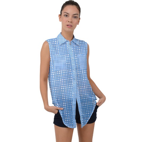 Blue Knitted Pattern Sleeveless Chiffon Button Shirt by goljakoff