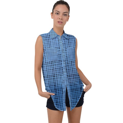 Blue Knitted Pattern Sleeveless Chiffon Button Shirt by goljakoff