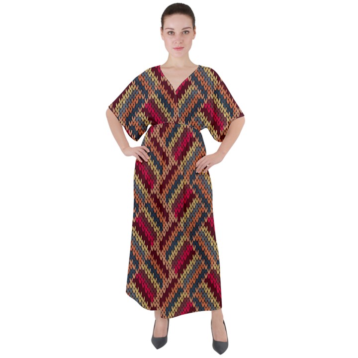 Zig zag knitted pattern V-Neck Boho Style Maxi Dress