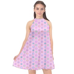 Hexagonal Pattern Unidirectional Halter Neckline Chiffon Dress  by Dutashop