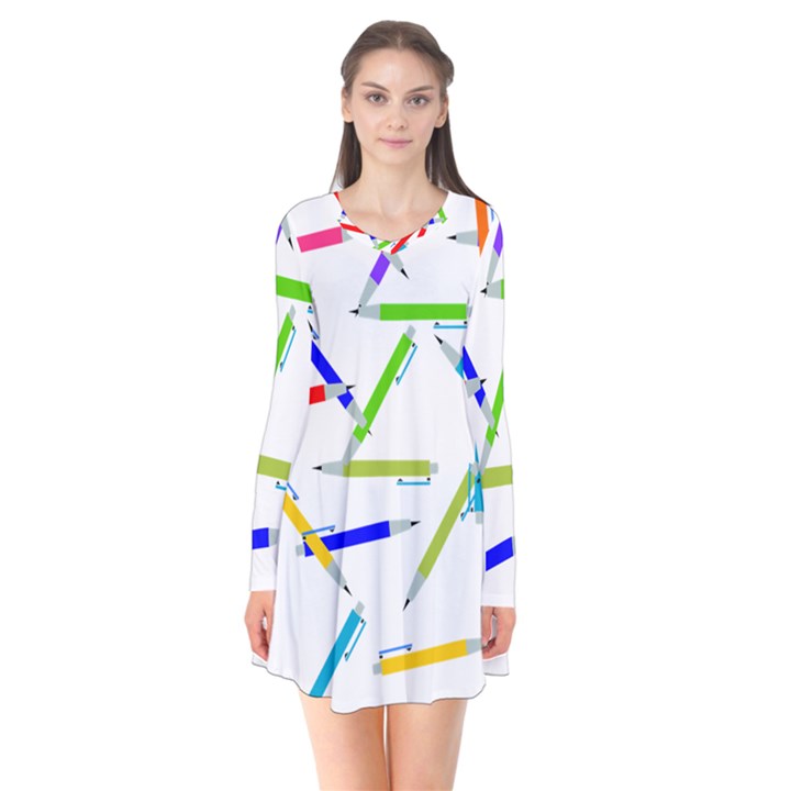 Pen Pencil Color Write Tool Long Sleeve V-neck Flare Dress