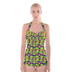 Smiley Background Smiley Grunge Boyleg Halter Swimsuit 