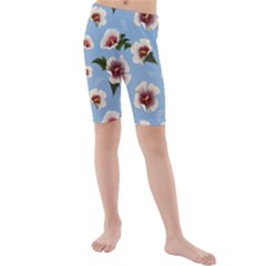 Delicate Hibiscus Flowers On A Blue Background Kids  Mid Length Swim Shorts by SychEva