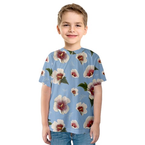 Delicate Hibiscus Flowers On A Blue Background Kids  Sport Mesh Tee by SychEva