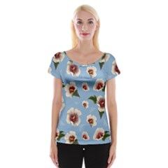 Delicate Hibiscus Flowers On A Blue Background Cap Sleeve Top by SychEva