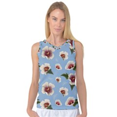 Delicate Hibiscus Flowers On A Blue Background Women s Basketball Tank Top by SychEva