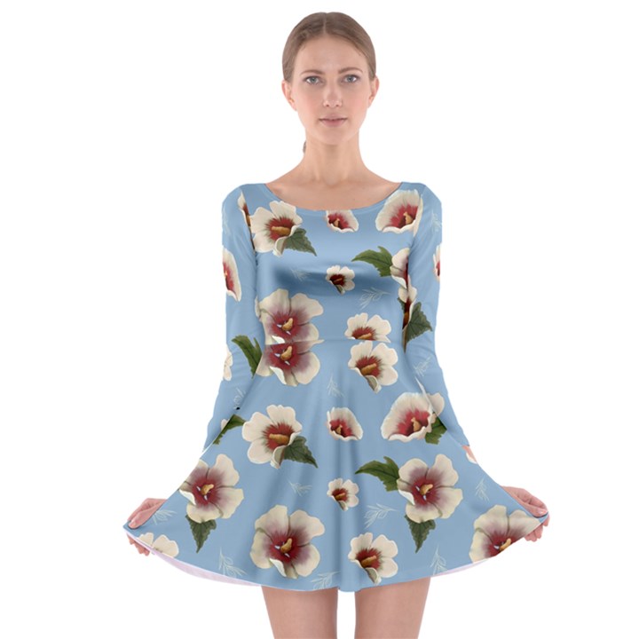 delicate hibiscus flowers on a blue background Long Sleeve Skater Dress