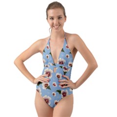 Delicate Hibiscus Flowers On A Blue Background Halter Cut-out One Piece Swimsuit by SychEva