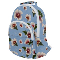 Delicate Hibiscus Flowers On A Blue Background Rounded Multi Pocket Backpack by SychEva