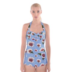 Delicate Hibiscus Flowers On A Blue Background Boyleg Halter Swimsuit  by SychEva