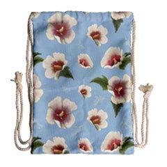 Delicate Hibiscus Flowers On A Blue Background Drawstring Bag (large) by SychEva