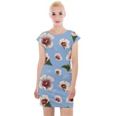 Delicate Hibiscus Flowers On A Blue Background Cap Sleeve Bodycon Dress