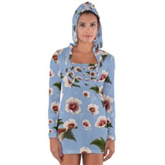 Delicate Hibiscus Flowers On A Blue Background Long Sleeve Hooded T-shirt by SychEva