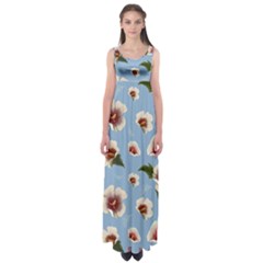 Delicate Hibiscus Flowers On A Blue Background Empire Waist Maxi Dress by SychEva