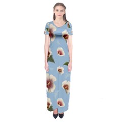 Delicate Hibiscus Flowers On A Blue Background Short Sleeve Maxi Dress by SychEva