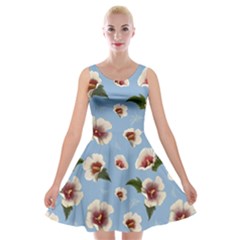 Delicate Hibiscus Flowers On A Blue Background Velvet Skater Dress by SychEva