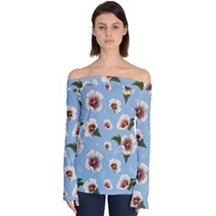 Delicate Hibiscus Flowers On A Blue Background Off Shoulder Long Sleeve Top by SychEva