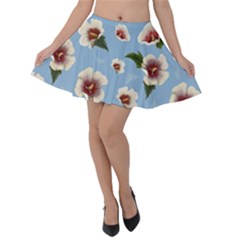 Delicate Hibiscus Flowers On A Blue Background Velvet Skater Skirt by SychEva