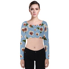 Delicate Hibiscus Flowers On A Blue Background Velvet Long Sleeve Crop Top by SychEva