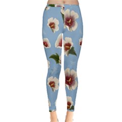 Delicate Hibiscus Flowers On A Blue Background Inside Out Leggings by SychEva