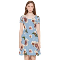 Delicate Hibiscus Flowers On A Blue Background Inside Out Cap Sleeve Dress by SychEva