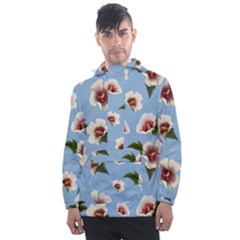 Delicate Hibiscus Flowers On A Blue Background Men s Front Pocket Pullover Windbreaker by SychEva