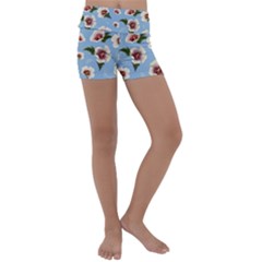 Delicate Hibiscus Flowers On A Blue Background Kids  Lightweight Velour Yoga Shorts by SychEva