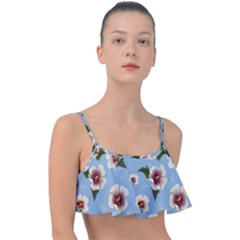 Delicate Hibiscus Flowers On A Blue Background Frill Bikini Top by SychEva