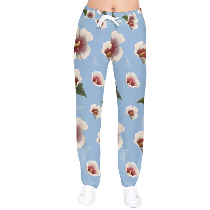 delicate hibiscus flowers on a blue background Women velvet Drawstring Pants