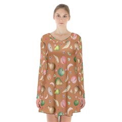 Watercolor Fruit Long Sleeve Velvet V-neck Dress by SychEva