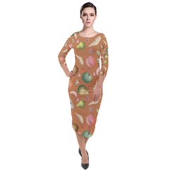 Watercolor Fruit Quarter Sleeve Midi Velour Bodycon Dress by SychEva