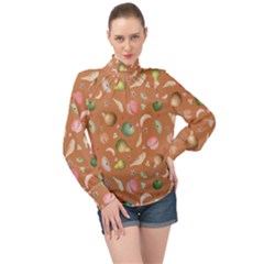 Watercolor Fruit High Neck Long Sleeve Chiffon Top by SychEva