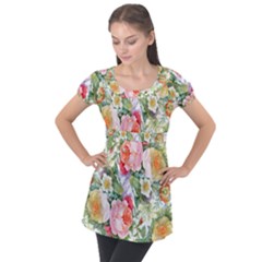 Garden Flowers Puff Sleeve Tunic Top by goljakoff