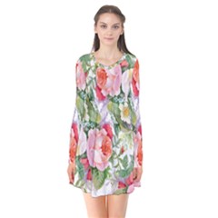 Garden Flowers Long Sleeve V-neck Flare Dress