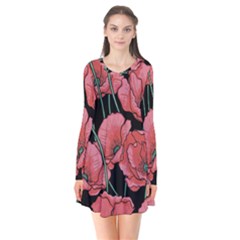 Poppy Flowers Long Sleeve V-neck Flare Dress by goljakoff