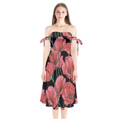 Poppy Flowers Shoulder Tie Bardot Midi Dress by goljakoff