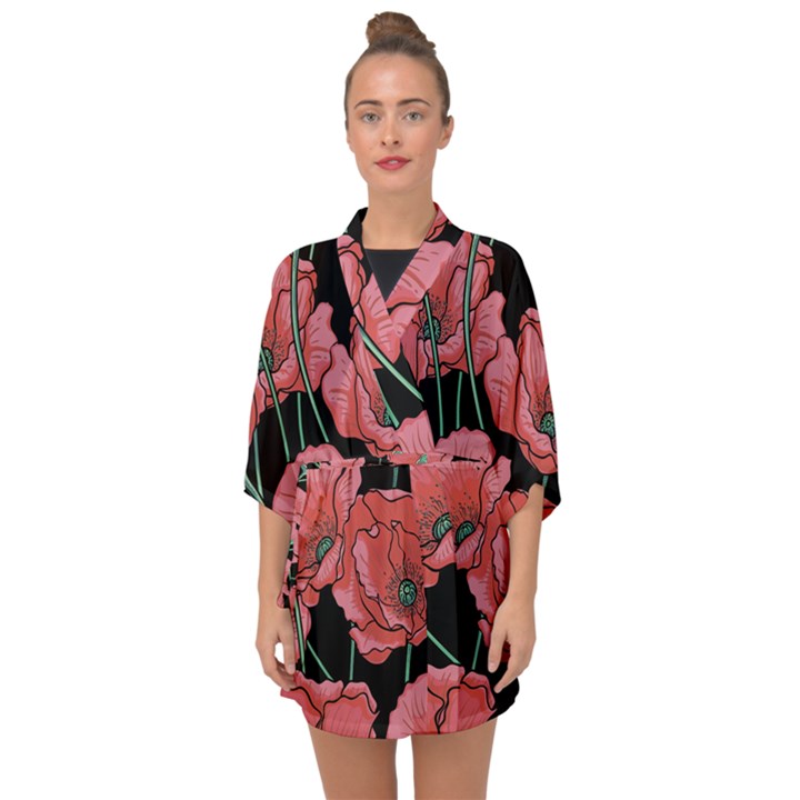 Poppy flowers Half Sleeve Chiffon Kimono