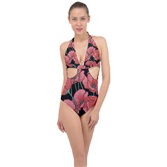 Poppy Flowers Halter Front Plunge Swimsuit by goljakoff