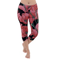 Poppy Flowers Lightweight Velour Capri Yoga Leggings by goljakoff