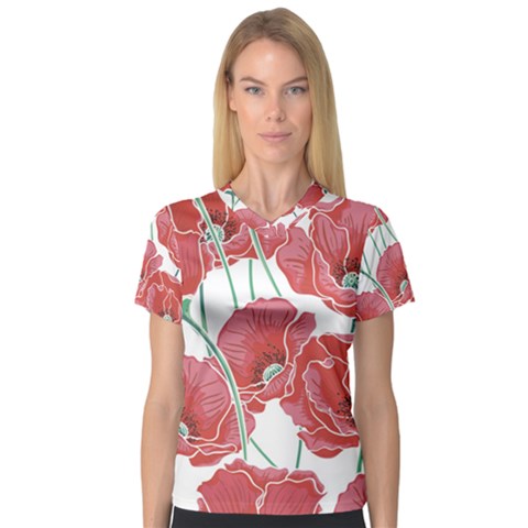 Red Poppy Flowers V-neck Sport Mesh Tee by goljakoff