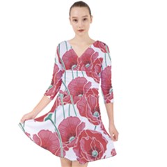 Red Poppy Flowers Quarter Sleeve Front Wrap Dress by goljakoff