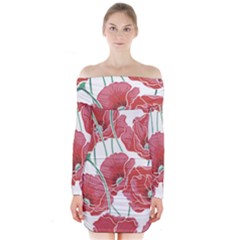 Red Poppy Flowers Long Sleeve Off Shoulder Dress by goljakoff