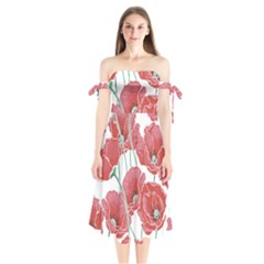 Red Poppy Flowers Shoulder Tie Bardot Midi Dress by goljakoff