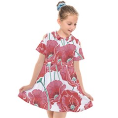 Red Poppy Flowers Kids  Short Sleeve Shirt Dress by goljakoff