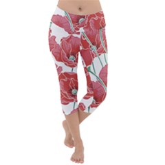 Red Poppy Flowers Lightweight Velour Capri Yoga Leggings by goljakoff