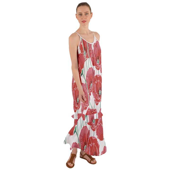 Red poppy flowers Cami Maxi Ruffle Chiffon Dress