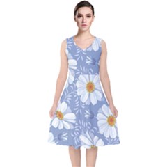 Chamomile Flowers V-neck Midi Sleeveless Dress  by goljakoff