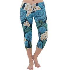 Blue Flowers Capri Yoga Leggings by goljakoff