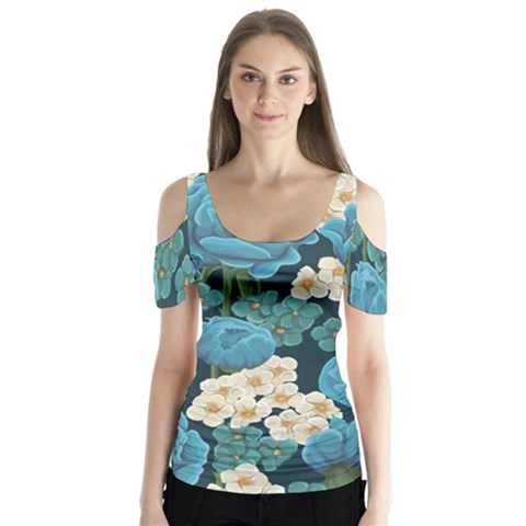 Blue Flowers Butterfly Sleeve Cutout Tee  by goljakoff